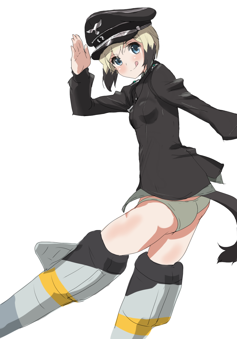 :q blonde_hair blue_eyes brown_hair dog_tail erica_hartmann hat highres looking_at_viewer military military_uniform multicolored_hair oi_ke panties salute short_hair solo strike_witches striker_unit tail tongue tongue_out underwear uniform world_witches_series
