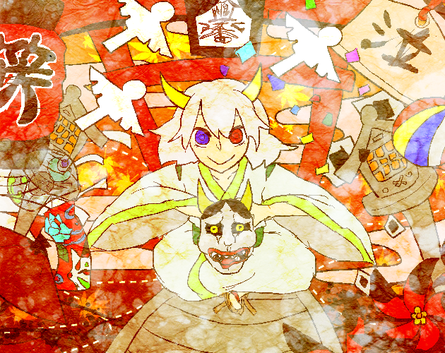bad_id bad_pixiv_id blue_eyes colorful geta haru_(hakol4) heterochromia horns japanese_clothes kie_(our_crazy_dream) kimono looking_at_viewer oni_mask our_crazy_dream paper_balloon red_eyes smile solo tengu-geta torii