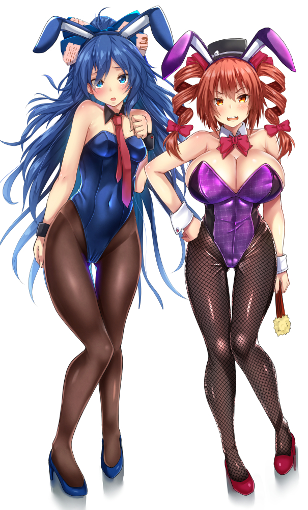 alternate_breast_size alternate_costume animal_ears arm_at_side bangs bare_arms bare_shoulders black_hat black_legwear blue_bow blue_eyes blue_footwear blue_hair blush bow bowtie breasts brown_legwear bunny_ears bunny_girl bunnysuit cameltoe cleavage collarbone commentary_request covered_navel debt detached_collar drill_hair ebi_193 eyebrows_visible_through_hair fake_animal_ears fan fishnet_pantyhose fishnets folding_fan full_body gluteal_fold hair_between_eyes hair_bow hand_on_hip hand_up hat hat_bow high_heels holding holding_fan huge_breasts long_hair looking_at_viewer medium_breasts mini_hat mini_top_hat multiple_girls necktie open_mouth orange_eyes orange_hair pantyhose purple_legwear red_bow red_footwear red_neckwear scowl shiny shiny_clothes shoes siblings simple_background sisters standing thigh_gap thighs top_hat touhou twin_drills twintails v-shaped_eyebrows white_background white_bow wrist_cuffs yorigami_jo'on yorigami_jo'on yorigami_shion
