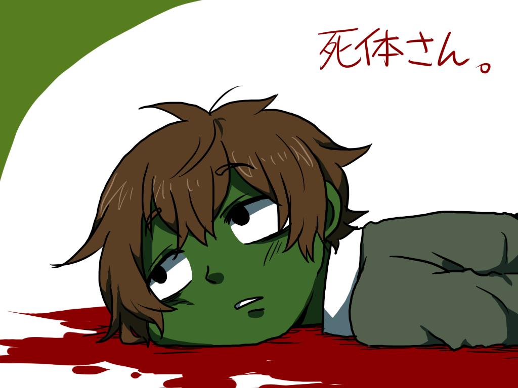 blood expressionless green_skin looking_away lying male_focus shirt shitaisan solo sweater yaruse_nai_(minri) yume_nikki