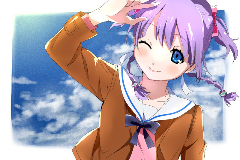 ;) bad_id bad_pixiv_id blue_eyes bow braid cloud day hair_bow jacket looking_at_viewer one_eye_closed purple_hair quad_tails sky smile solo sudou_cecil twin_braids ume_(plumblossom) wizard_barristers:_benmashi_cecil