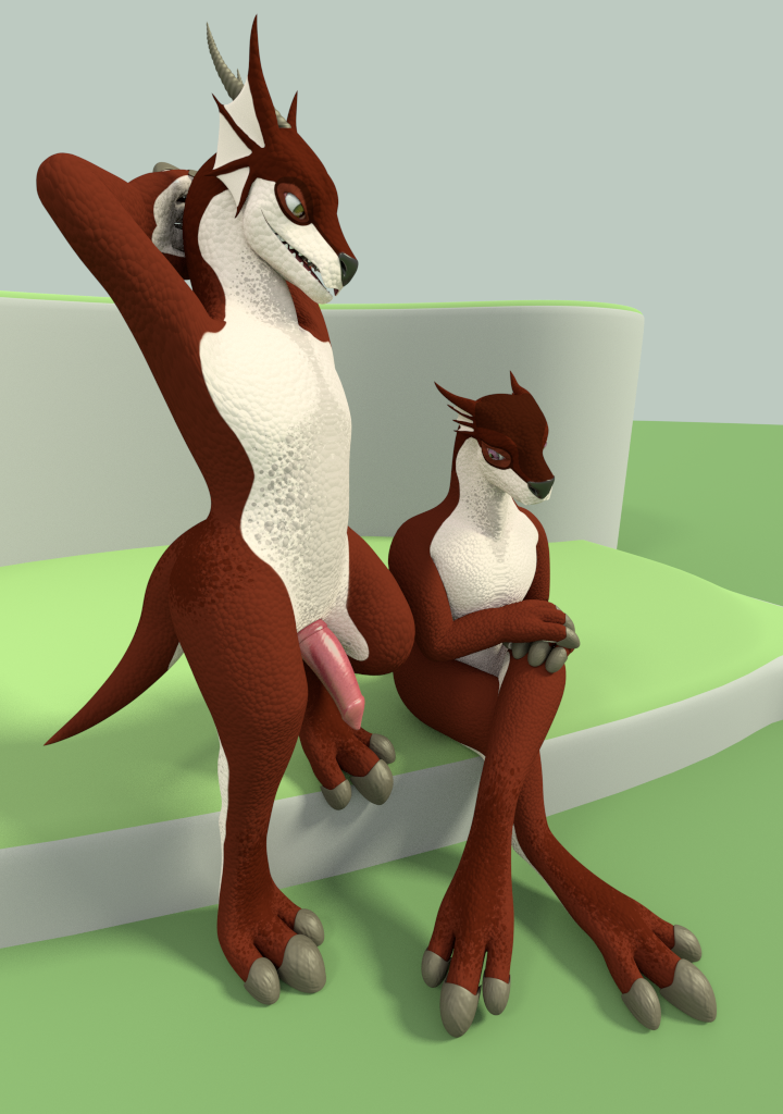 ambiguous_gender anthro arms_behind_back cgi digitigrade duo female horn male nude open_mouth penis presenting scalie sitting smile source_request sreedee standing ysgin