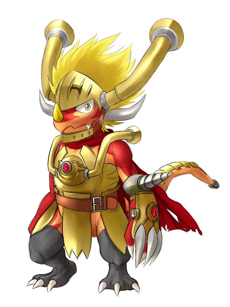 3_toes 496549736_(artist) anthro armor belt blonde_hair buddyfight cape claws cute dragon drill drum_(buddyfight) fangs hair helmet legwear looking_at_viewer male plain_background red_body red_dragon solo standing thigh_highs toe_claws white_background yellow_eyes