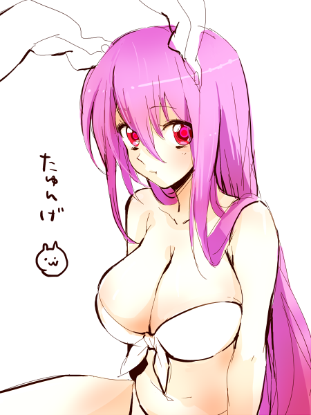animal_ears bandeau bikini breasts bunny_ears cleavage front-tie_top hinabu large_breasts long_hair looking_at_viewer purple_hair red_eyes reisen_udongein_inaba simple_background sketch solo swimsuit touhou very_long_hair white_background white_bikini