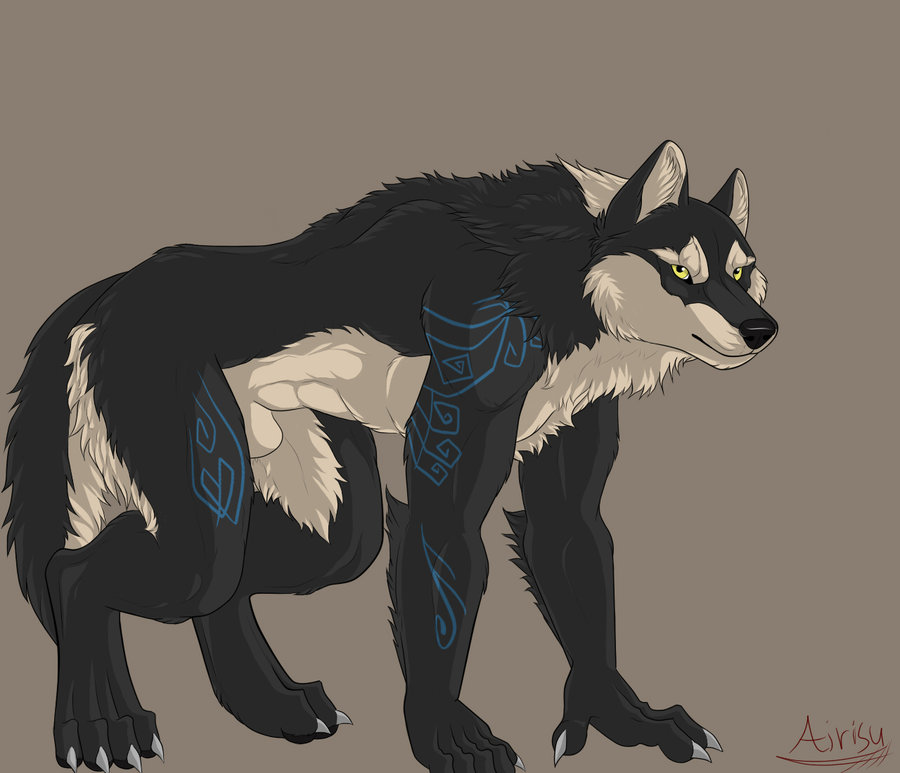 anthro black_fur black_nose canine chest_tuft claws deity fur hair long_hair looking_at_viewer male mammal markings nude odin penis plain_background sheath silver-wolf666 solo tuft were werewolf white_fur wolf yellow_eyes