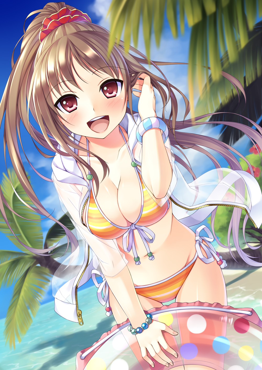 bangs beach bikini blush bracelet breasts brown_hair bucchake_(asami) cleavage cloud collarbone commentary_request day eyebrows_visible_through_hair front-tie_bikini front-tie_top hand_in_hair highres hood hood_down hoodie innertube jacket jewelry long_hair looking_at_viewer medium_breasts navel open_clothes open_hoodie open_mouth original outdoors palm_tree ponytail red_eyes see-through shadow shiny shiny_skin side-tie_bikini sky smile solo stomach striped striped_bikini swimsuit thigh_gap tree zipper