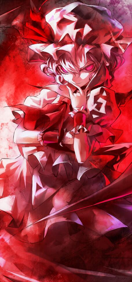 ascot banned_artist bat_wings choker frills hand_on_own_face hat hat_ribbon kozou_(soumuden) looking_at_viewer mob_cap pink_eyes puffy_sleeves purple_hair remilia_scarlet ribbon shirt short_hair short_sleeves simple_background skirt skirt_set smile solo touhou vest wings wrist_cuffs