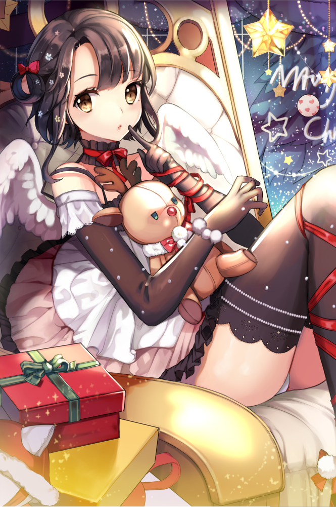 angel_wings antlers bare_shoulders blush box brown_hair choker christmas christmas_tree dress gift gift_box gloves lace lace-trimmed_thighhighs merry_christmas mole ornament panties pantyshot reindeer ribbon short_hair sita_vilosa solo star stuffed_animal stuffed_reindeer stuffed_toy sword_girls thighhighs toy underwear uuhui wings yellow_eyes