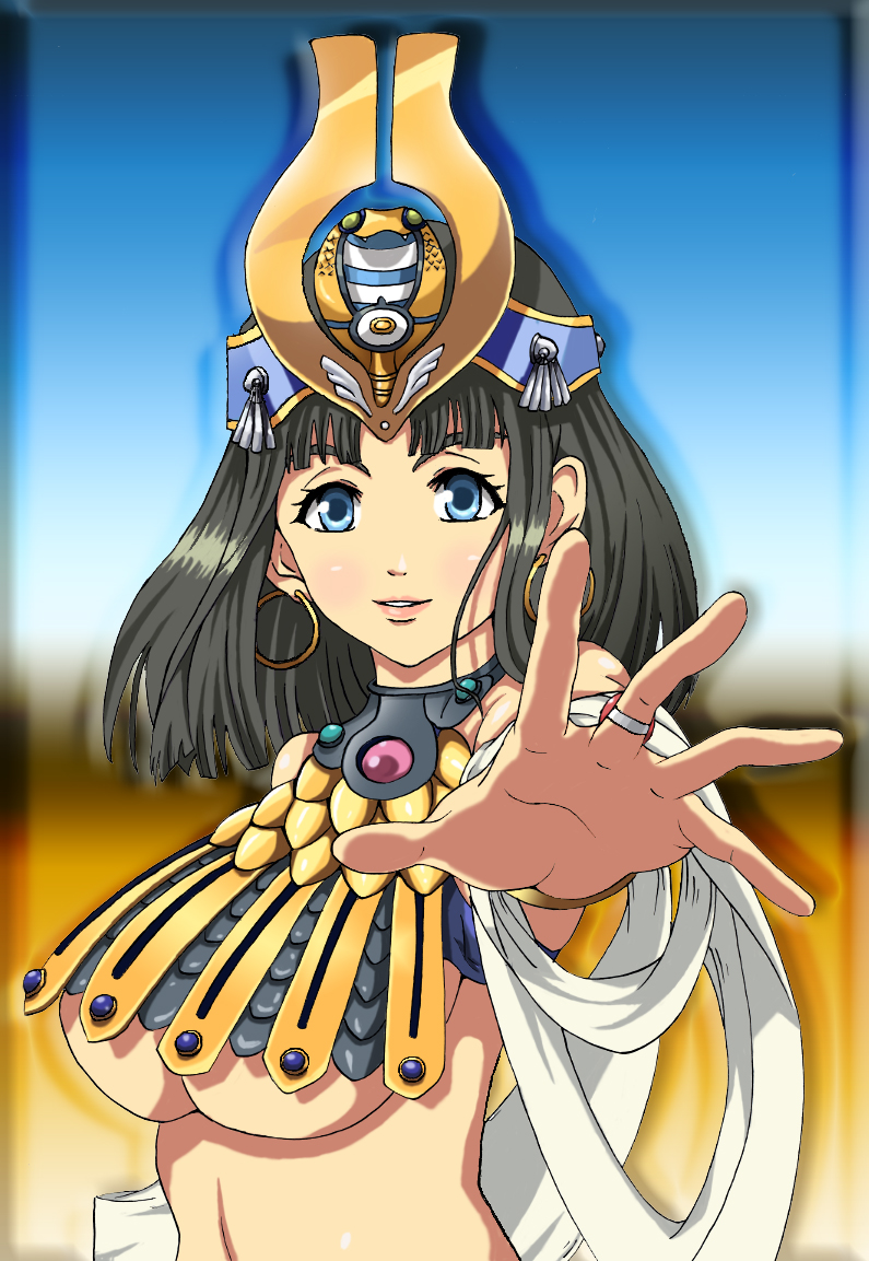 bandages black_hair blue_eyes breasts crown duugii earrings egyptian jewelry large_breasts lipstick looking_at_viewer makeup menace midriff queen's_blade ring shadow solo underboob