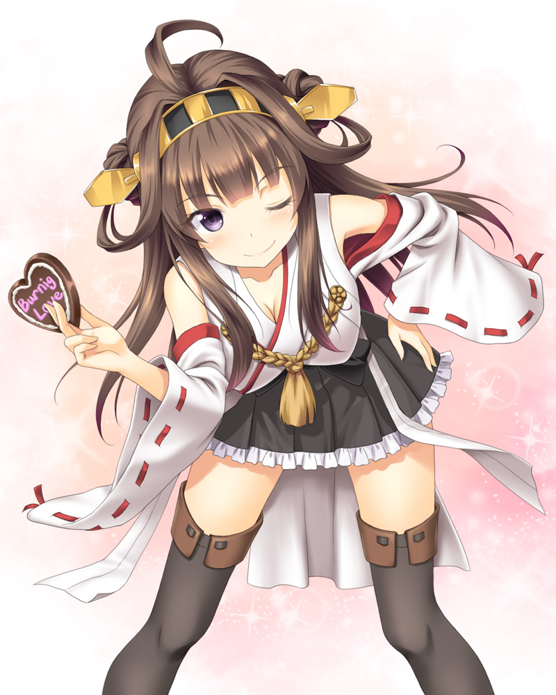 ;) bad_id bad_pixiv_id bare_shoulders black_legwear blush boots breasts brown_hair chocolate chocolate_heart detached_sleeves double_bun eyes frilled_skirt frills hair_ornament hairband headgear heart japanese_clothes kantai_collection kongou_(kantai_collection) large_breasts long_hair masakichi_(crossroad) nontraditional_miko one_eye_closed open_mouth ribbon-trimmed_sleeves ribbon_trim silver skirt smile solo thigh_boots thighhighs typo valentine zettai_ryouiki