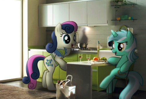 apron blue_fur bonbon bonbon_(mlp) chair cooking cutie_mark duo equine female friendship_is_magic fur green_eyes green_fur hair happy hooves horn horse inside kitchen low_res lyra lyra_heartstrings_(mlp) mammal mixermike622 multi-colored_hair my_little_pony pony random real sitting standing two_tone_hair unicorn