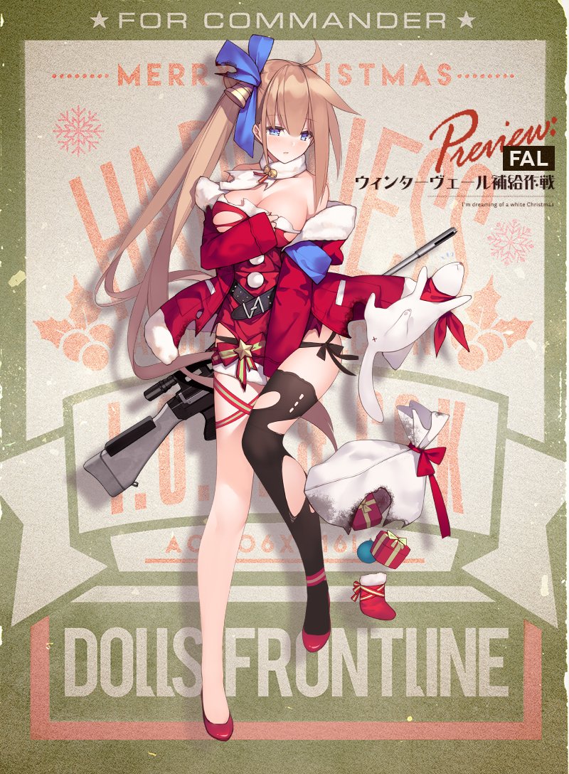 1girl ahoge alternate_costume bangs battle_rifle blue_bow blue_eyes blush bow breasts brown_hair choker christmas cleavage commentary_request dress eyebrows_visible_through_hair fal_(girls_frontline) fn_fal girls_frontline gun long_hair looking_at_viewer medium_breasts official_art red_bow ribbon rifle side_ponytail single_thighhigh solo suisai thighhighs torn_clothes torn_legwear weapon