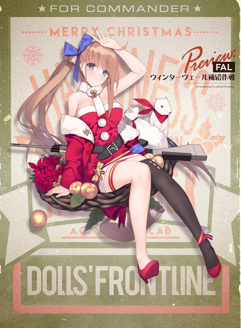 1girl ahoge alternate_costume bangs battle_rifle blue_bow blue_eyes blush bow breasts brown_hair choker christmas cleavage commentary_request dress eyebrows_visible_through_hair fal_(girls_frontline) fn_fal girls_frontline gun long_hair looking_at_viewer medium_breasts official_art red_bow ribbon rifle side_ponytail single_thighhigh solo suisai thighhighs weapon