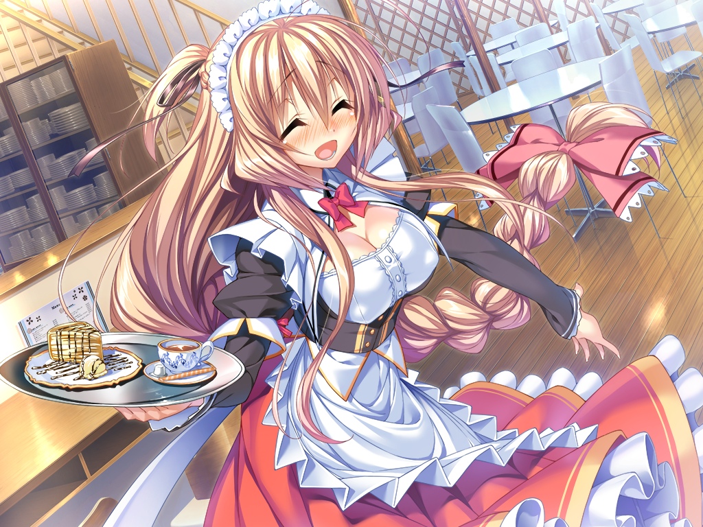 1girl aozora_stripe blonde_hair blush braid breasts cake chair counter cup detached_collar eyes_closed food game_cg hair_ribbon maid_headdress open_mouth piromizu plate restaurant ribbon sawatari_kotone smile tray twin_braids waitress