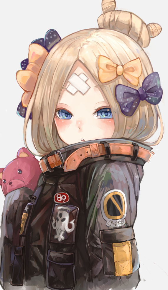 1girl abigail_williams_(fate/grand_order) alternate_hairstyle bandaid_on_forehead bangs belt black_bow black_jacket blonde_hair blue_eyes blush bow crossed_bandaids fate/grand_order fate_(series) forehead hair_bow hair_bun heroic_spirit_traveling_outfit high_collar holding holding_stuffed_animal jacket long_hair long_sleeves looking_at_viewer nyucha open_mouth orange_bow parted_bangs polka_dot polka_dot_bow simple_background sleeves_past_fingers sleeves_past_wrists solo stuffed_animal stuffed_toy teddy_bear white_background