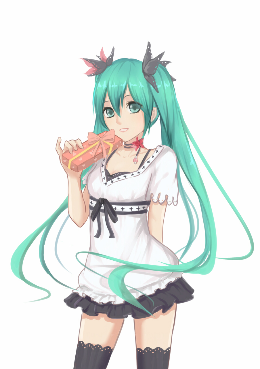 gift green_eyes green_hair hatsune_miku highres itachi_kanade long_hair skirt solo thighhighs twintails very_long_hair vocaloid white_background world_is_mine_(vocaloid)