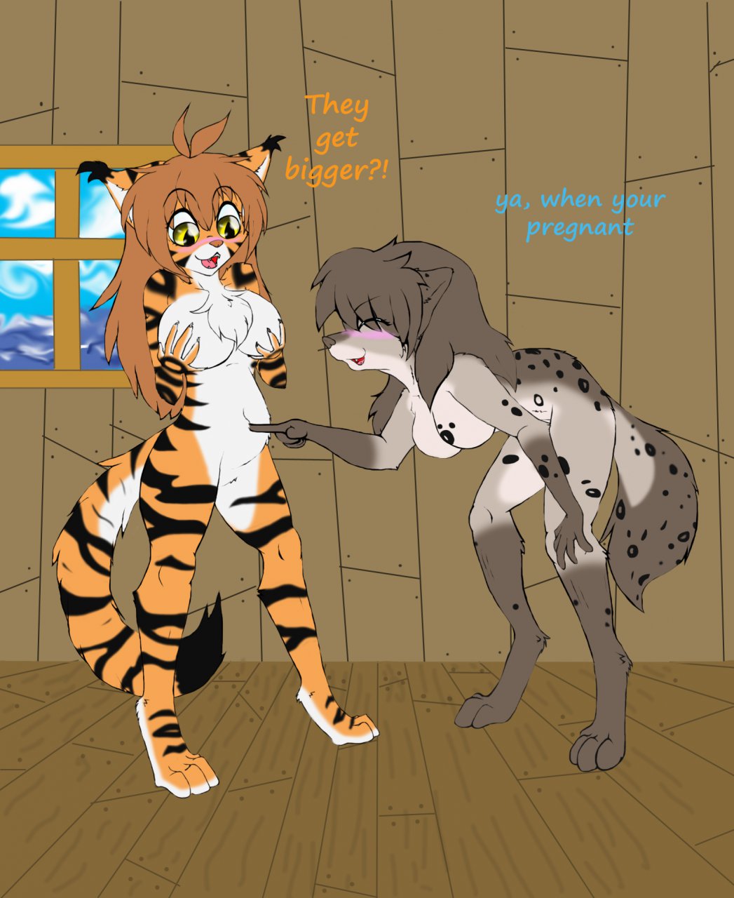 cat dialog duo english_text feline female flora_(twokinds) kathrin_(twokinds) keidran mammal nekotigerfire nude poke standing text tiger twokinds webcomc webcomic