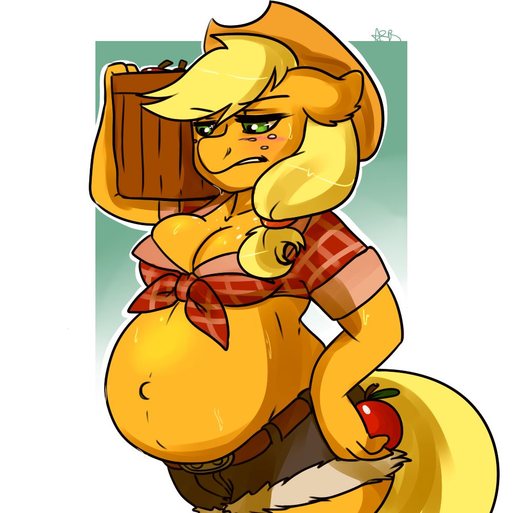 abstract_background anthro anthrofied apple applejack_(mlp) arnachy blonde_hair blush bucket clothing cowboy_hat equine female freckles friendship_is_magic fruit fur green_eyes hair hat holding horse long_hair mammal my_little_pony orange_fur pony pregnant solo sweat