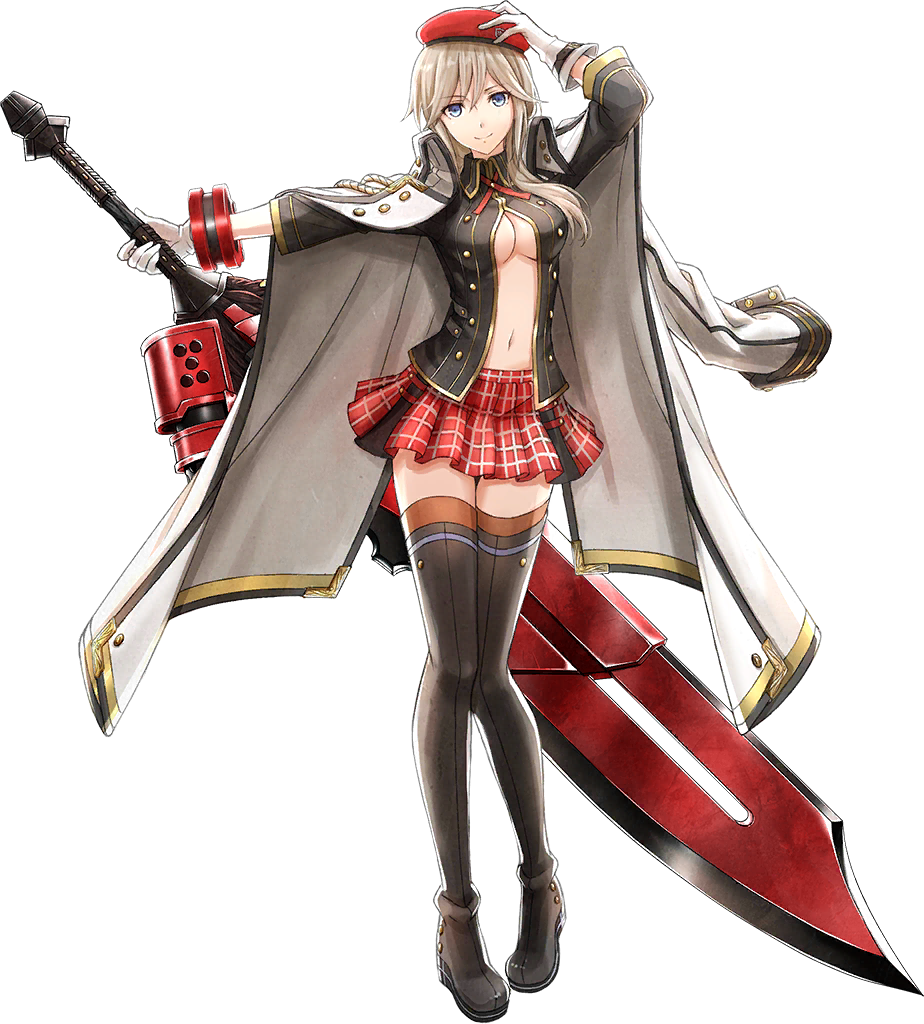 1girl alisa_ilinichina_amiella blue_eyes breasts gloves god_eater god_eater_resonant_ops hat large_breasts long_hair midriff navel official_art skirt tagme thighhighs underboob weapon