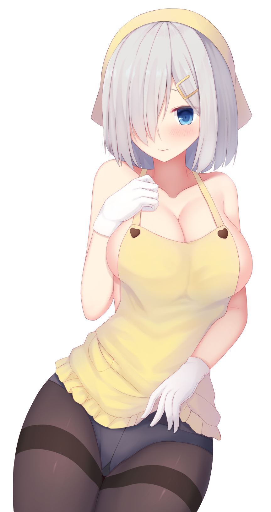 1girl apron bare_arms bare_shoulders black_panties blue_eyes blush breasts brown_legwear cleavage closed_mouth collarbone commentary_request cowboy_shot firepo frills gloves hair_ornament hair_over_one_eye hairclip hamakaze_(kantai_collection) hand_up head_scarf highres kantai_collection large_breasts looking_at_viewer no_bra panties panties_over_pantyhose pantyhose short_hair silver_hair simple_background smile solo standing thighband_pantyhose underwear white_background white_gloves