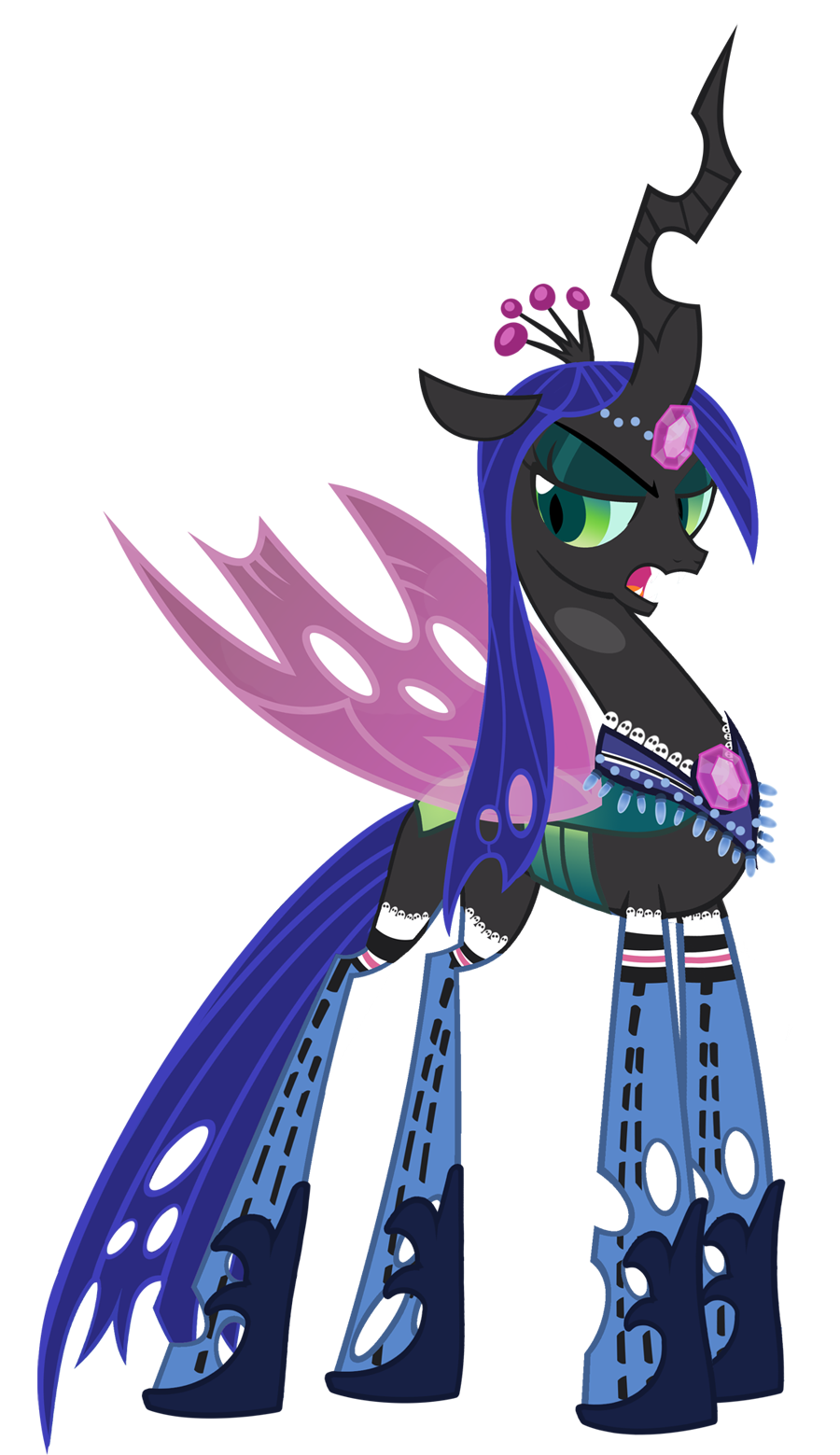 alpha_channel changeling clothing eyeshadow fangs female feral friendship_is_magic gem green_eyes hair holes horn legwear long_hair makeup my_little_pony necklace pixelkitties plain_background purple_hair queen_chrysalis_(mlp) slit_pupils solo stockings straight_hair transparent_background wings