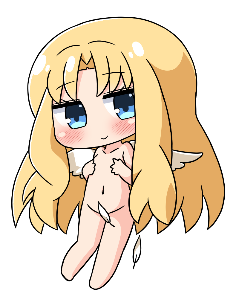 1girl bangs barefoot blonde_hair blue_eyes blush chibi closed_mouth collarbone commentary_request covering covering_chest eyebrows_visible_through_hair feathered_wings feathers firo_(tate_no_yuusha_no_nariagari) full_body groin hana_kazari head_tilt long_hair looking_at_viewer navel nude parted_bangs simple_background smile solo tate_no_yuusha_no_nariagari very_long_hair white_background white_feathers white_wings wings