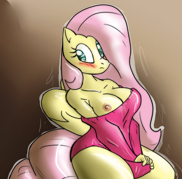 anthro anthrofied blue_eyes blush breasts cleavage clothed clothing equine female fluttershy_(mlp) friendship_is_magic hair horse kneeling looking_away mammal my_little_pony nipples pegasus pink_hair pony solo sweater theburningdonut wings