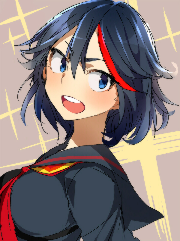 black_hair blush juuroku_anna kill_la_kill matoi_ryuuko multicolored_hair red_hair school_uniform senketsu short_hair smile sparkle two-tone_hair