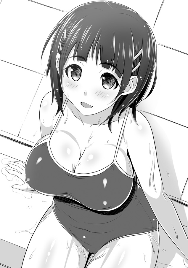 bare_shoulders blush breasts cleavage competition_school_swimsuit covered_nipples greyscale hair_ornament hairclip huge_breasts kawase_seiki kirigaya_suguha monochrome one-piece_swimsuit open_mouth poolside school_swimsuit short_hair sitting smile solo swimsuit sword_art_online wet