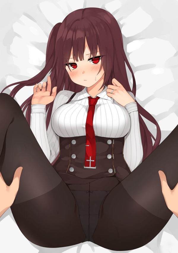 1girl bangs black_legwear black_skirt blush breasts canape_(canape0130) closed_mouth collared_shirt crotch_seam eyebrows_visible_through_hair girls_frontline hand_on_own_chest head_tilt headphones high-waist_skirt jewelry legs_up long_hair looking_at_viewer lying medium_breasts necklace on_back one_side_up panties panties_under_pantyhose pantyhose pov red_eyes red_neckwear ring shirt skirt skirt_lift solo_focus spread_legs striped striped_shirt suspender_skirt suspenders sweat thigh_grab underwear vertical-striped_shirt vertical_stripes wa2000_(girls_frontline) wedding_band white_shirt