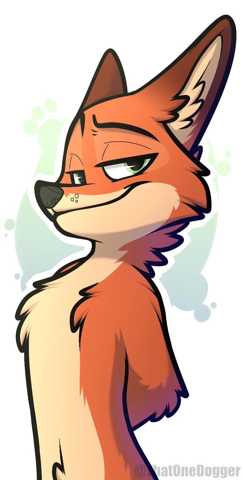 anthro canid canine confidence disney fox fur green_eyes half_naked looking_at_viewer male mammal nick_wilde orange_fur simple_background smile smirk smug solo standing_tall thatonedogger torso zootopia