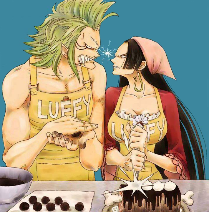 1boy 1girl apron bandanna bartolomeo black_hair boa_hancock bowl breasts candy chocolate cleavage cooking earrings facial_mark fight fighting food green_hair jewelry long_sleeves meat muscle one_piece sharp_teeth simple_background topless tusks