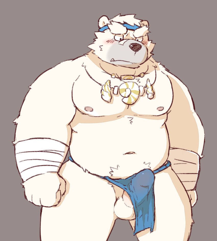 2017 anthro balls bear belly black_nose blush clothing erection flappydog fundoshi fur humanoid_hands japanese_clothing male mammal moobs navel nipples overweight overweight_male penis polar_bear simple_background solo underwear white_fur