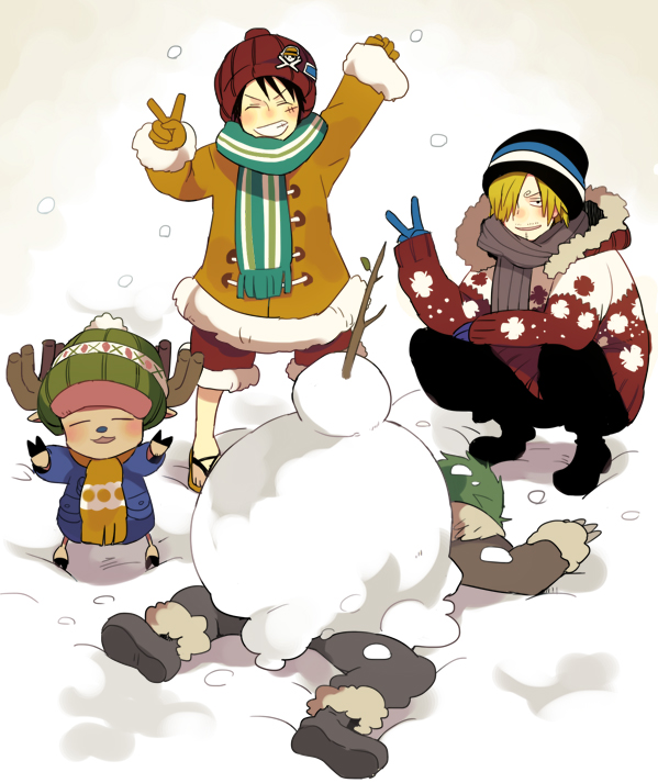 antlers bad_id bad_pixiv_id beanie black_hair blonde_hair branch buried creature eyebrows facial_hair fur_trim gloves goatee green_hair hat hiyok2 hood hooves jacket lying monkey_d_luffy multiple_boys on_stomach one_piece roronoa_zoro sandals sanji scarf short_hair shorts smile snow snowball snowing squatting standing tony_tony_chopper v