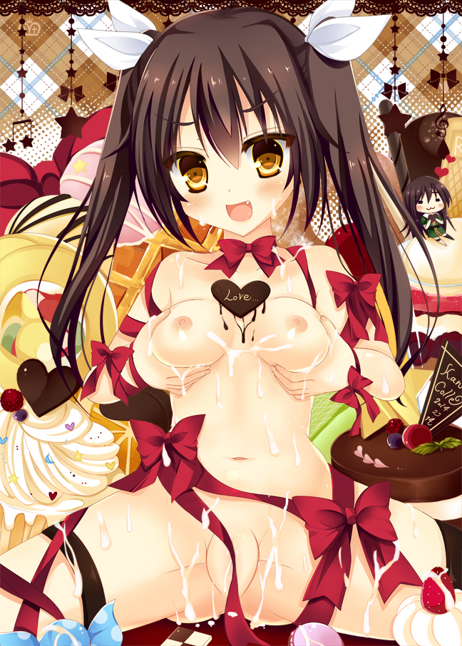 bitter_crown bow breast_hold breasts brown_eyes brown_hair cake chikuma_(kantai_collection) chocolate chocolate_heart convenient_censoring cream cum cum_on_body fang food hair_ribbon heart kantai_collection long_hair medium_breasts multiple_girls navel nipples open_mouth ribbon smile star tone_(kantai_collection) twintails white_ribbon