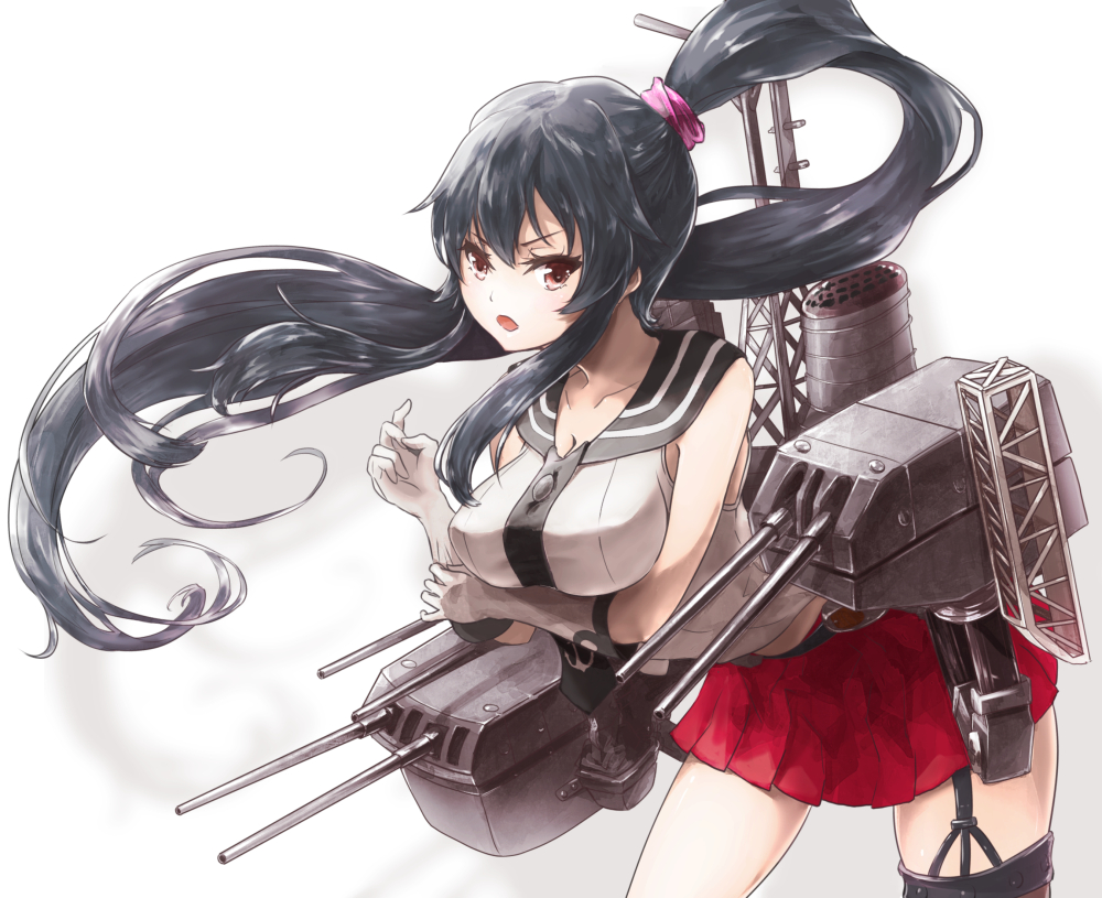 bare_shoulders black_hair breasts cannon gloves kantai_collection large_breasts long_hair machinery miniskirt open_mouth pleated_skirt ponytail red_eyes red_skirt satoru_f school_uniform serafuku single_thighhigh skirt solo thighhighs white_gloves yahagi_(kantai_collection)
