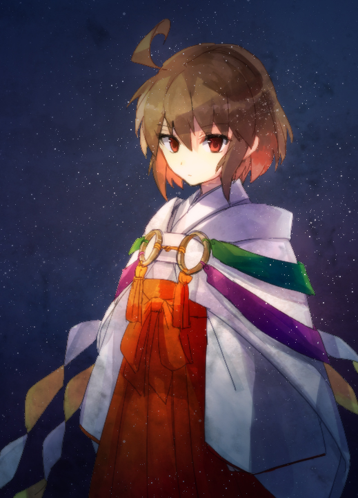 ahoge bad_id bad_pixiv_id banned_artist brown_eyes brown_hair expressionless flat_chest japanese_clothes linne night night_sky sky solo star_(sky) starry_sky under_night_in-birth yusano