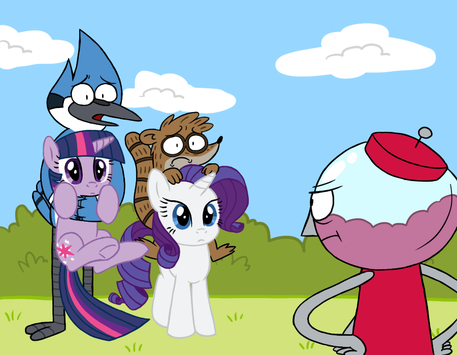 anthro avian beak benson bird blue_eyes blue_feathers blue_jay brown_fur bush cloud crossover cutie_mark equine feathers female feral friendship_is_magic frown fur grass group gumball_machine hair hooves horn male mammal mordecai my_little_pony open_mouth outside purple_eyes purple_fur purple_hair raccoon rarity_(mlp) regular_hsow regular_show riding rigby twilight_sparkle_(mlp) two_tone_hair unicorn white_fur xiamtheferret