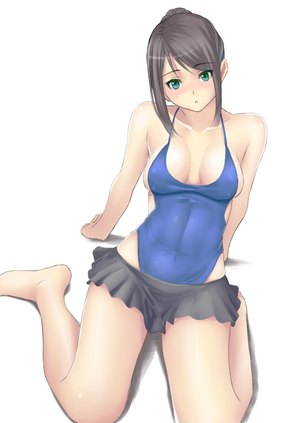 black_hair blush breasts casual_one-piece_swimsuit green_eyes highleg highleg_swimsuit large_breasts looking_at_viewer muffin_(sirumeria) one-piece_swimsuit original sideboob simple_background sitting skirt solo swimsuit wariza white_background