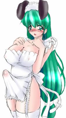 1girl animal_ears apron blush breasts bulge bunny_ears cleavage embarrassed futanari green_eyes green_hair large_breasts long_hair looking_at_viewer low-tied_long_hair lowres naked_apron open_mouth red-rum see-through very_long_hair white_cloths