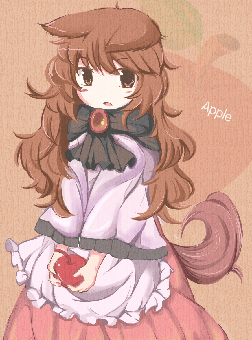 animal_ears apple bad_id bad_pixiv_id blush_stickers brooch brown_hair dress food fruit imaizumi_kagerou jewelry layered_dress long_hair looking_at_viewer open_mouth red_eyes satorichan scarf solo tail tan_background touhou wolf_ears wolf_tail