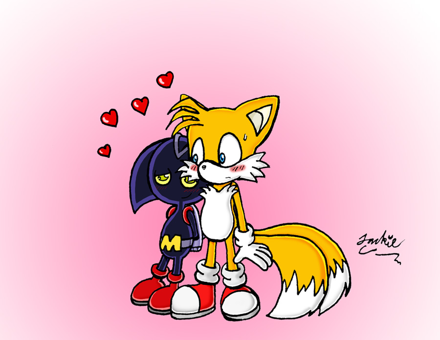 &lt;3 abstract_background blue_eyes blush bokkun canine chest_tuft duo fox fur gloves green_eyes hands_behind_back jetpack limelover machine mammal mechanical miles_prower multiple_tails nervous nude red_shoes robot sega shoes simple_background smile sonic_(series) sweat sweatdrop tuft