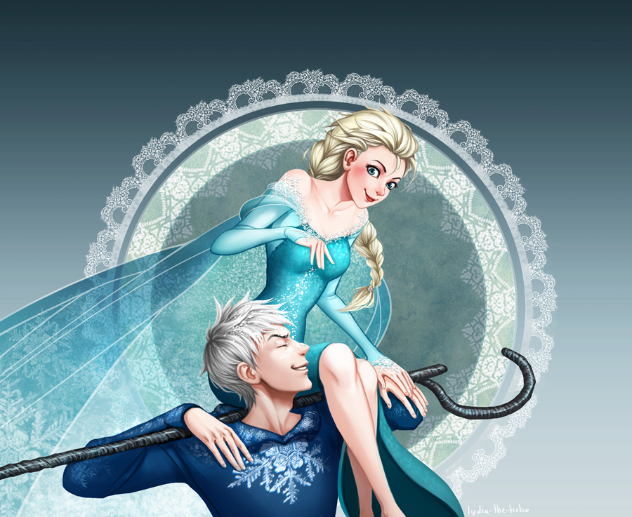 1girl carry carrying crossover disney doily dress elsa_(frozen) frozen_(disney) hair hood hoodie jack_frost_(rise_of_the_guardians) lydia off_shoulder queen rise_of_the_guardians sequins shoulder_perch smile snow staff white