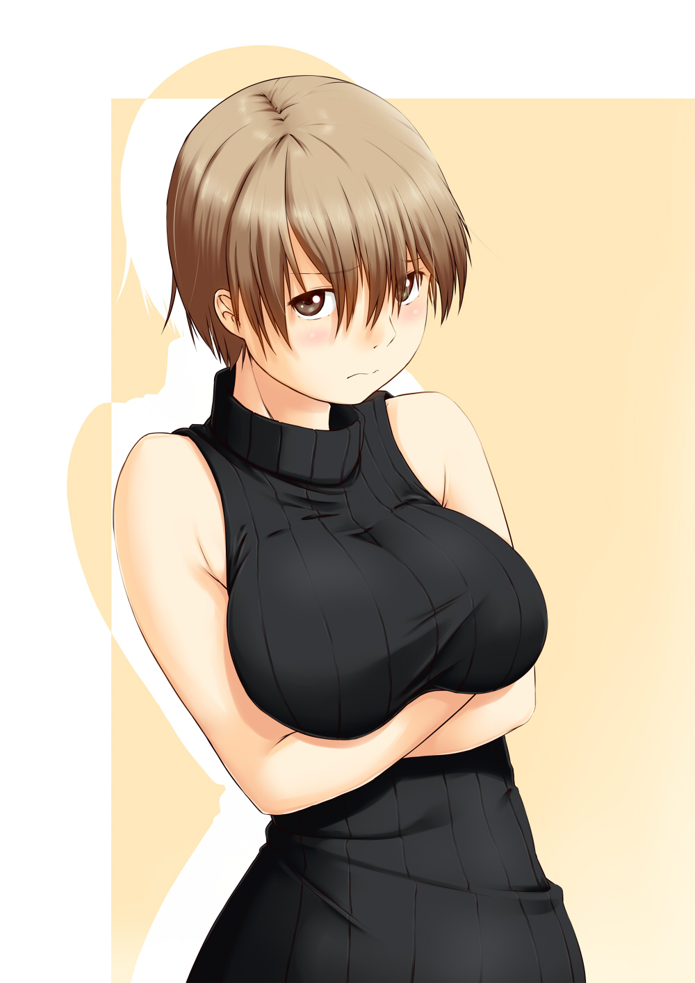 bare_shoulders breast_hold breasts brown_eyes brown_hair crossed_arms highres huge_breasts looking_at_viewer niwatazumi original ribbed_sweater short_hair sleeveless sleeveless_turtleneck solo sweater turtleneck upper_body