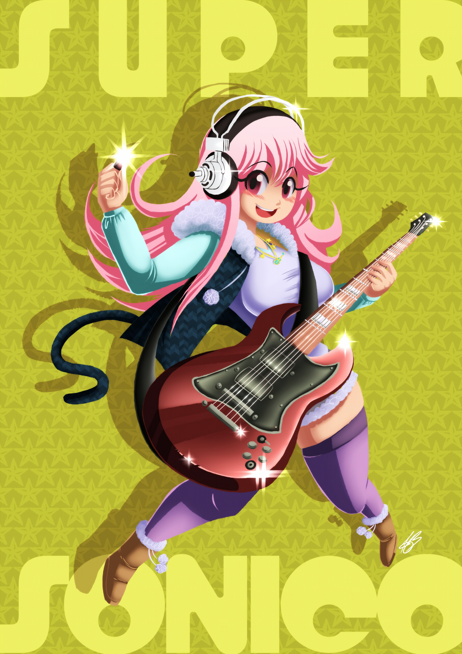 blush breasts electric_guitar guitar headphones highres instrument jumping large_breasts long_hair looking_at_viewer nitroplus open_mouth pink_eyes pink_hair smile solo super_sonico