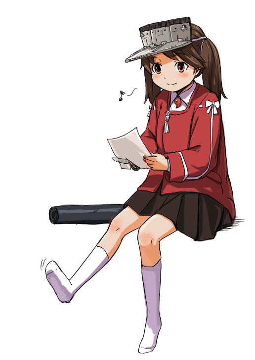 bad_id bad_pixiv_id brown_eyes brown_hair eighth_note kantai_collection musical_note ryuujou_(kantai_collection) scissors shibasaki_shouji simple_background skirt smile socks solo twintails visor_cap white_background