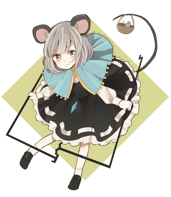 animal_ears basket bent_over capelet dowsing_rod dress gem grey_dress jewelry long_sleeves looking_at_viewer mouse mouse_ears mouse_tail mozukuzu_(manukedori) nazrin necklace pendant pink_eyes silver_hair smile solo tail touhou