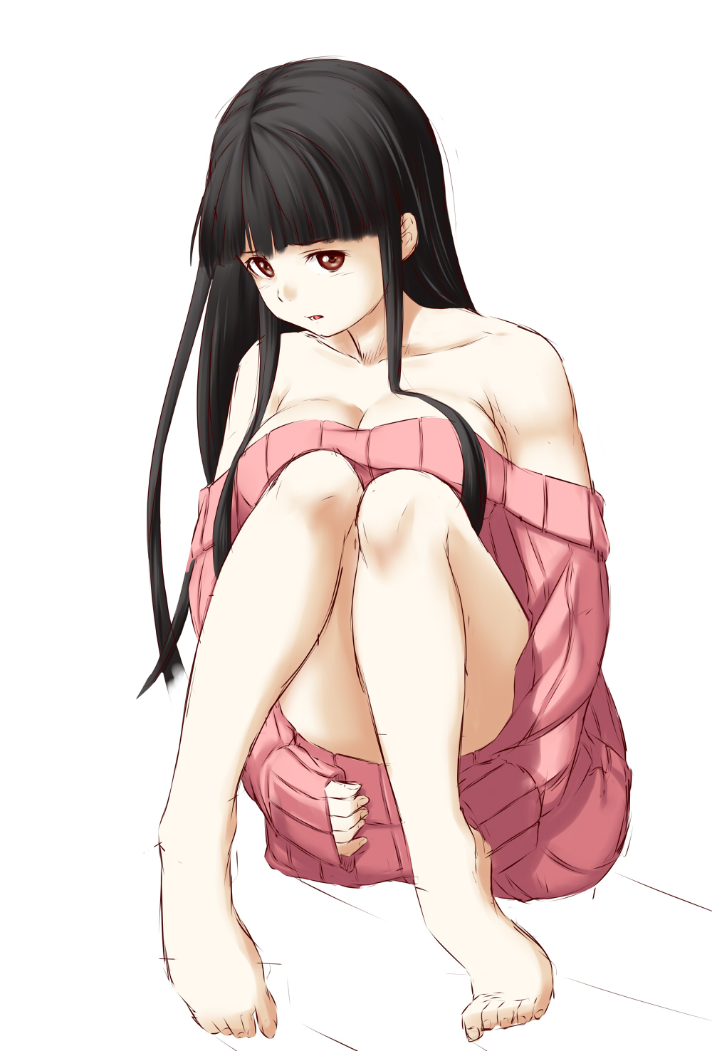 bangs bare_legs bare_shoulders black_hair blunt_bangs breasts brown_eyes cleavage highres large_breasts long_hair looking_at_viewer niwatazumi open_mouth original ribbed_sweater solo sweater