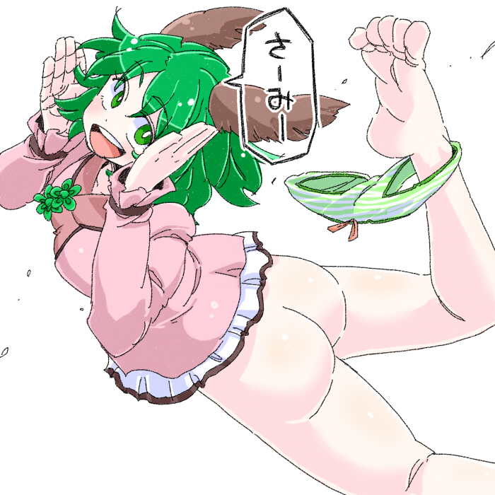 animal_ears aono3 ass bare_legs barefoot blush green_eyes green_hair kasodani_kyouko leg_up looking_back no_pants open_mouth panties panties_around_one_leg short_hair simple_background smile soles solo speech_bubble striped striped_panties toes touhou underwear white_background