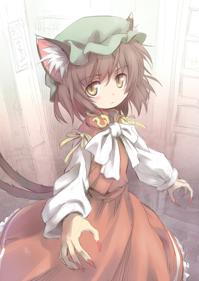 animal_ears brown_hair cat_ears cat_tail chen fingernails hat jewelry long_fingernails long_sleeves multiple_tails nekoguruma short_hair skirt skirt_set solo tail touhou very_long_fingernails